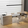 Modern Minimalist Dining Table Set with White Chairs Sink Counter Hanging Light and Window Blinds