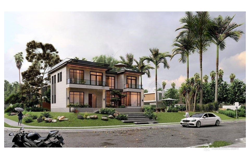 Detached Villa Modern Exterior With Landscaped Garden Palm Trees Lawn And Driveway Car 3d model 