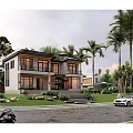 Detached Villa Modern Exterior With Landscaped Garden Palm Trees Lawn And Driveway Car