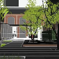 Modern Sales Office Building With Glass Facade And Green Trees In Urban Setting