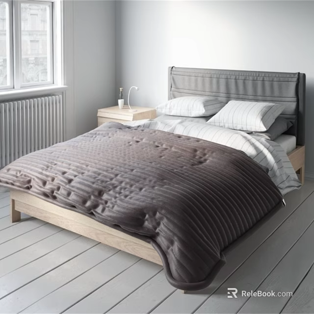 Simple Modern Bedroom Interior with Wooden Bed Frame Brown Textured Quilt and Pillows 3d model 