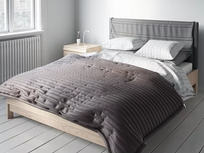 Simple Modern Bedroom Interior with Wooden Bed Frame Brown Textured Quilt and Pillows 3d model