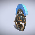 Spartan Helmet With Blue Plume And Gold Leaf Decorations On Black Surface