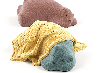 Cute Animal Shaped Ottomans Brown And Blue With Yellow Braided Blanket Cover 3d model