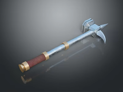 Medieval War Hammer With Metal Long Handle Red Grip Golden Accents And Axe Blade Head 3d model