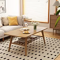 Modern Light Wood Coffee Table in Living Room with Book Fruit Plate White Flower Vase