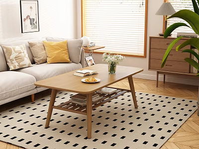 Modern Light Wood Coffee Table in Living Room with Book Fruit Plate White Flower Vase 3d model