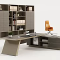 Modern Office Desk With Orange Chair Laptop And Small Plant Near Bookcase With Books