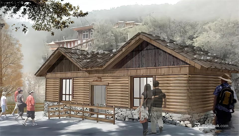Wooden Log Cabin Exterior With Tiled Roof Two People Stone Wall Mountain Background And Trees 3d model 