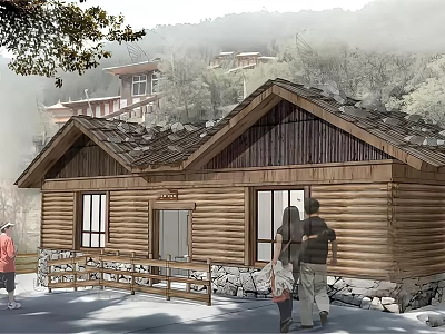 Wooden Log Cabin Exterior With Tiled Roof Two People Stone Wall Mountain Background And Trees 3d model
