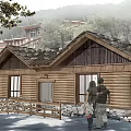 Wooden Log Cabin Exterior With Tiled Roof Two People Stone Wall Mountain Background And Trees