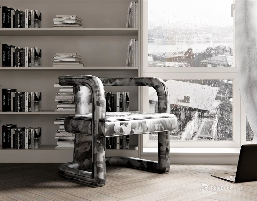 Modern Patterned Accent Chair With Bookshelf Books Window View And Laptop In Living Room Interior 3d model 