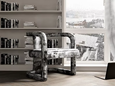 Modern Patterned Accent Chair With Bookshelf Books Window View And Laptop In Living Room Interior 3d model