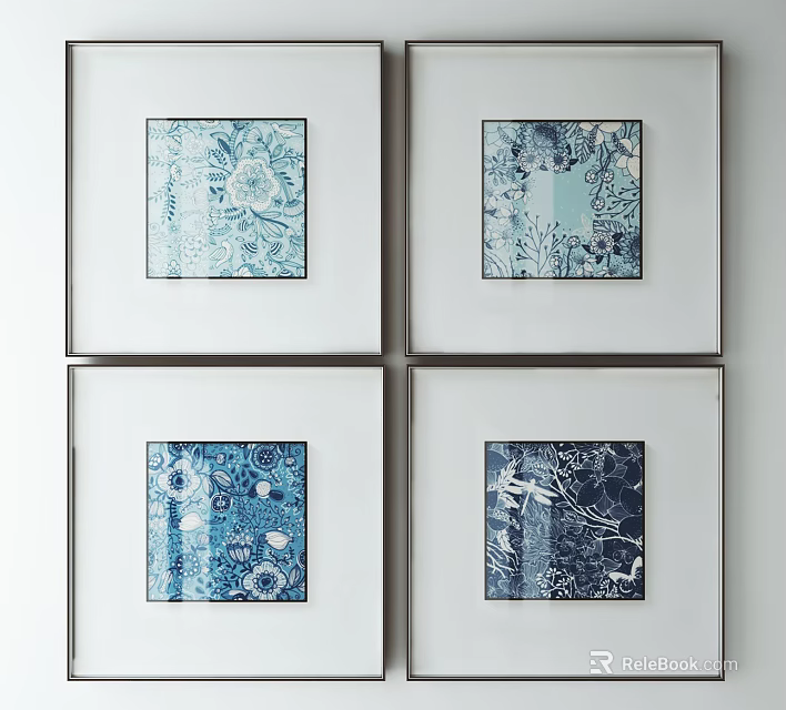 Four Blue Decorative Paintings in White Frames with Various Patterns and Botanical Elements 3d model