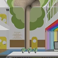Modern Kindergarten Interior With Rainbow Arch Tree Decorations Green Walls And Open Space Reception Desk