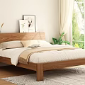 Cozy Bedroom Interior With Wooden Bed Wall Art Pillows Blanket Curtains And Green Plants