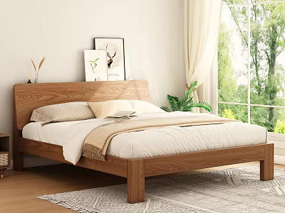 Cozy Bedroom Interior With Wooden Bed Wall Art Pillows Blanket Curtains And Green Plants 3d model
