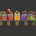 Colorful Fruit Themed Minecraft Style Drink Bottles On Wooden Stands With Transparent Design