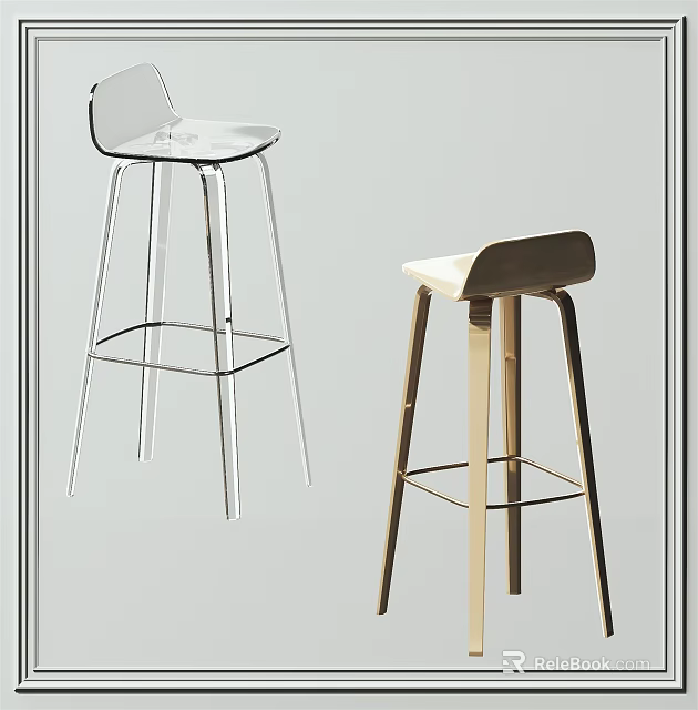 Modern Transparent And Wooden Bar Stools With Metal Frame And Seat Cushion 3d model 