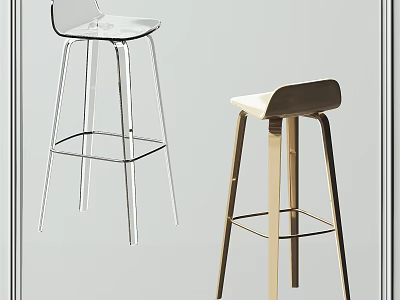 Modern Transparent And Wooden Bar Stools With Metal Frame And Seat Cushion 3d model