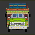 Vibrant Open Top Bus With Green Front And Colorful Striped Decorations