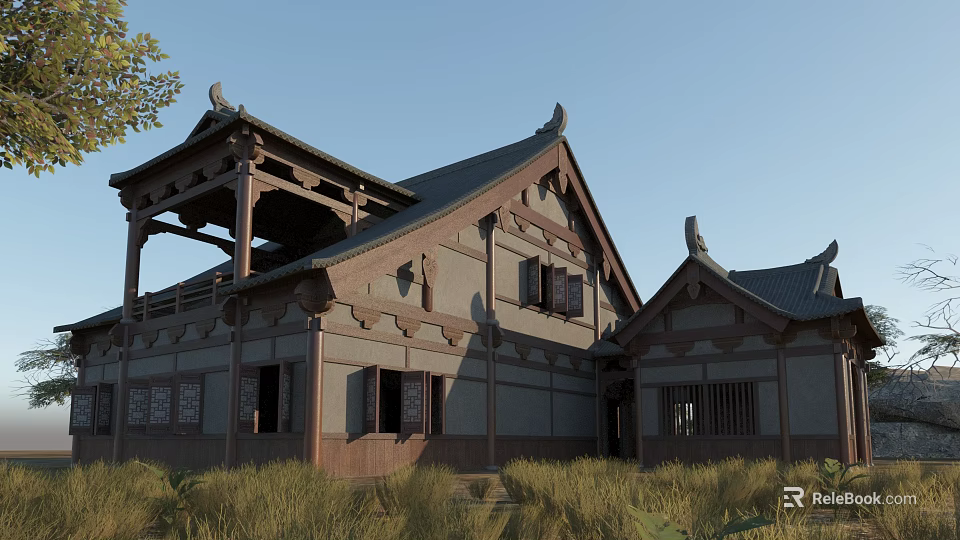 Ancient Architecture with Curved Eaves Wooden Structure and Traditional Roof in Natural Grassland 3d model 