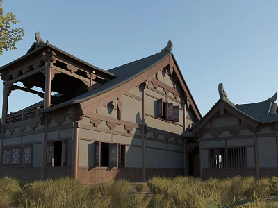 Ancient Architecture with Curved Eaves Wooden Structure and Traditional Roof in Natural Grassland 3d model