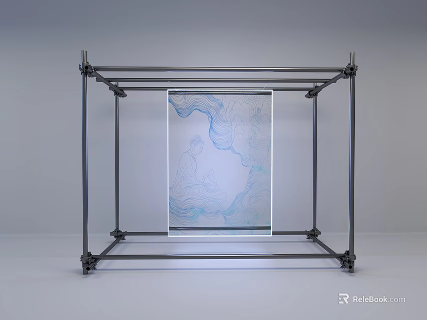 Modern Decorative Ornament Set with Metal Frame and Transparent Blue Pattern Panel 3d model 