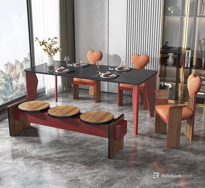 Modern Dining Table Set With Black Rectangular Table Orange Heart Back Chairs And Wooden Bench 3d model