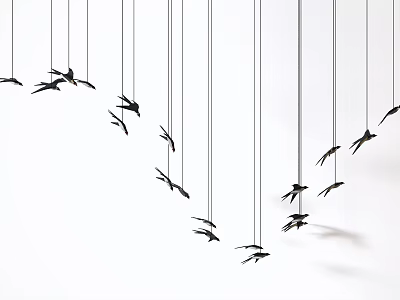 Black Bird Shaped Hanging Decorations Suspended by Thin Strings Against White Background In Flying Pose 3d model
