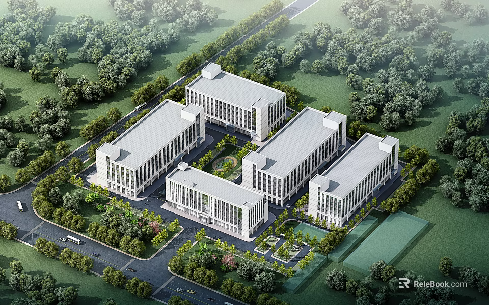 Modern Industrial Factory Park With Well Planned Multiple Buildings And Green Landscaped Areas 3d model 