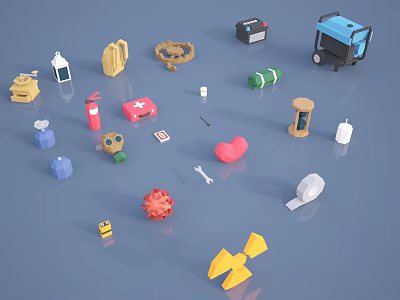 Colorful Various Shapes Ornament Decoration Set With Backpack Medicine Box Dumbbell Trolley And Hourglass 3d model