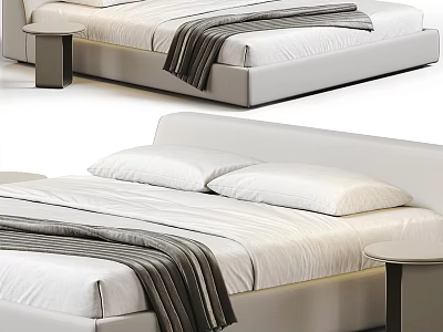 Modern Double Bed Design With White Bedding Striped Blanket And Nightstand 3d model