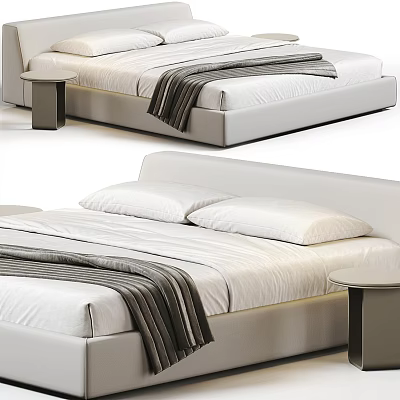 Modern Double Bed Design With White Bedding Striped Blanket And Nightstand 3d model