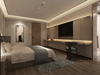 Modern Minimalist Hotel Guest Room with Comfortable Bed TV Desk and Decorative Rug 3d model