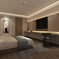 Modern Minimalist Hotel Guest Room with Comfortable Bed TV Desk and Decorative Rug