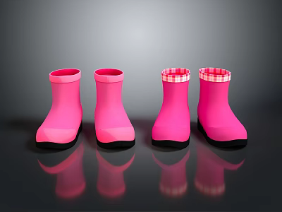Pink Rain Boots With Checkered Cuffs Black Soles And Reflections On Black Glossy Surface 3d model