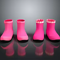 Pink Rain Boots With Checkered Cuffs Black Soles And Reflections On Black Glossy Surface