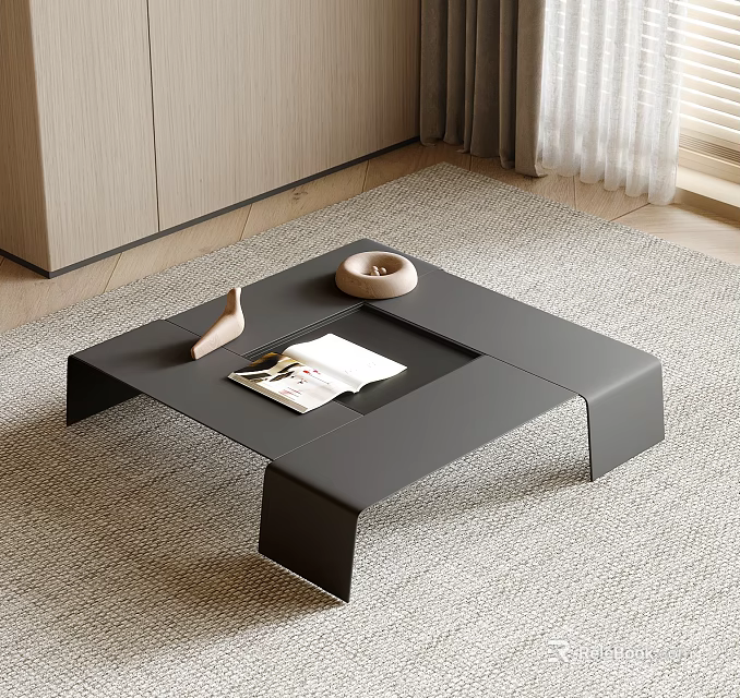 Modern Black Coffee Table With Magazine Decorative Bowl And Decor Piece On Carpeted Living Room 3d model 