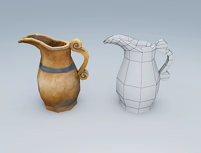 Traditional Blue Striped Ceramic Jugs With Ornate Handles And 3D Wireframe Model 3d model