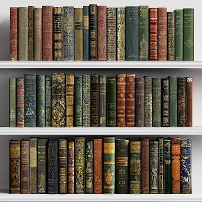 Colorful Vintage Books Collection on White Shelves with Varied Spine Designs 3d model
