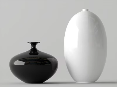 Two Black And White Ceramic Vases Round Short And Oval Tall On Light Gray Background 3d model