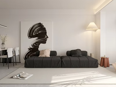 Modern Minimalist Living Dining Room Interior With Black Sofa Dining Table And Abstract Painting 3d model