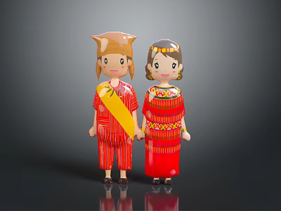 Two People Wearing Traditional Red Clothing With Yellow Sash And Decorative Patterns 3d model