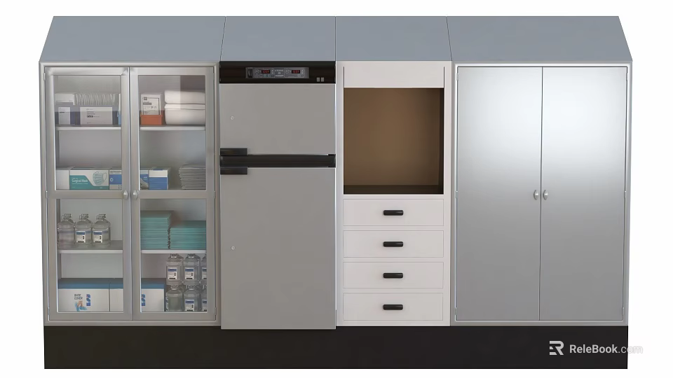 Medical Supplies Storage System With Glass Door Cabinets And Metal Drawers 3d model 