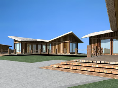 Modern Wooden House Exterior With Gabled Roof Large Windows Front Lawn And Wooden Steps 3d model
