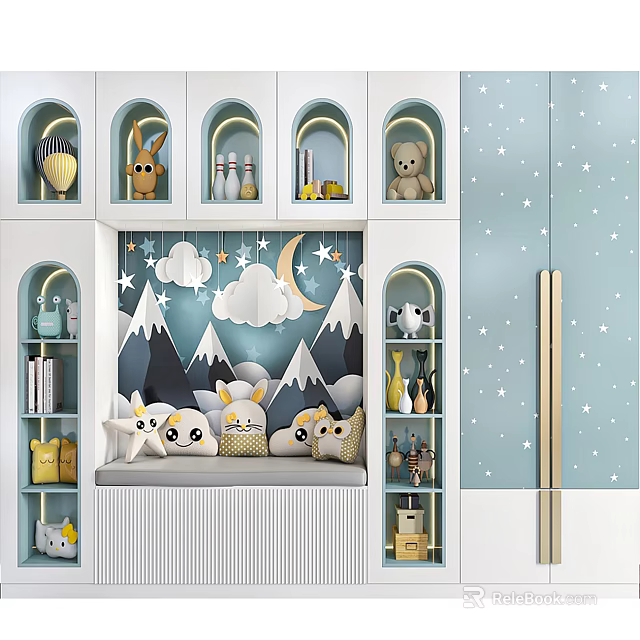 Kids Storage Shelving Unit With Rabbit Teddy Bear Stuffed Toys And Cloud Moon Star Decor 3d model 