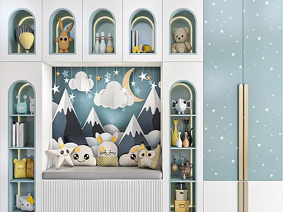 Kids Storage Shelving Unit With Rabbit Teddy Bear Stuffed Toys And Cloud Moon Star Decor 3d model