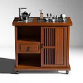 Wooden Rolling Kitchen Cart With Electric Kettle Tea Set And Storage Drawer