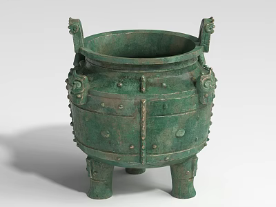 Ancient Bronze Landscape Sculpture With Intricate Carvings Three Legs And Decorative Handles 3d model